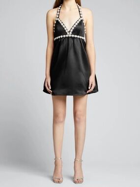 Alice + Olivia Black Halter Mini Dress with Pearl Trim